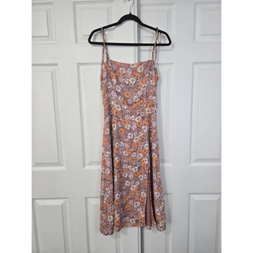 Lola Grace Floral Midi Dress Mauve Orange Square Neck Tie Strap Slit Size M